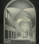 Innenansicht des ev. Kirchenraums seit 1830 mit Emporen und Holzgewölbe (Lithographie von 1831);  Stadtarchiv Mainz BPSP 1390 C